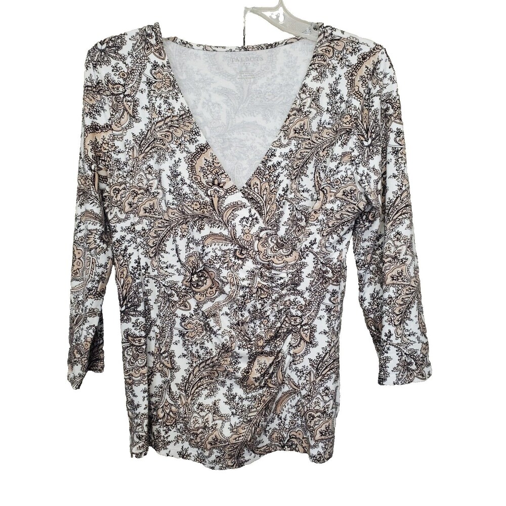 Talbots Brown Paisley Cotton Blend Faux Wrap Top Size Small